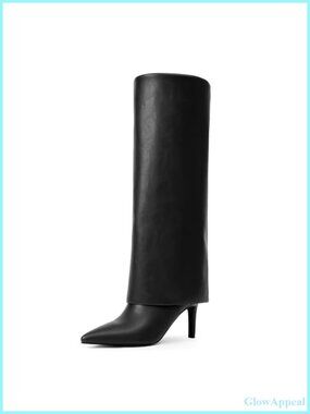 Fold Over Knee High Boots Stiletto Heel Wide Calf Faux Leather